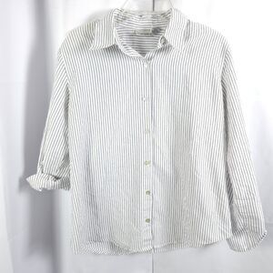 Chico's 1 Womens 8 White Gray Striped Roll-Tab Sleeve Button Down Shirt Blouse